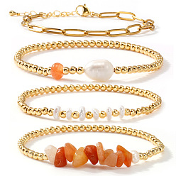 Carnelian 4Pcs 4 Styles Brass & Natural Carnelian Chip & Imitation Pearl Beads Stretch Bracelets & 304 Stainless Steel Paperclip Chain Bracelets Set for Women, Round, Golden, 6.50 inch(16.5cm)~6.89 inch(17.5cm)