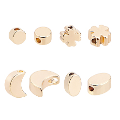 Real 18K Gold Plated Long-Lasting Plated Brass Beads & Charms, Nickel Free, Flat Round & Moon & Oval & Four Leaf Clover, Real 18K Gold Plated, 4 shapes, 10pcs/shape, 40pcs/box