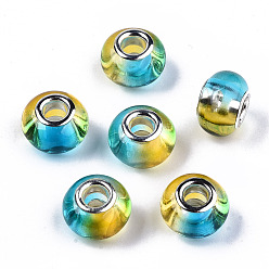 Темно-Голубой Прозрачные двухцветные смолы европейские бусины, бусины с большим отверстием, с двойных ядер серебрянного цвета, рондель, глубокое синее небо, 14x9.5 мм, отверстие : 5 мм