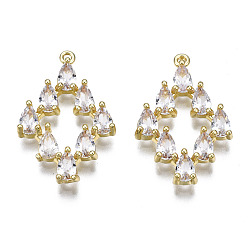 Oro Colgantes de circonita cúbica transparente con incrustaciones de latón, rombo, dorado, 24x15x3 mm, agujero: 1 mm