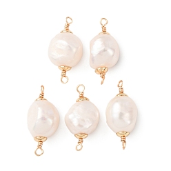 Белый Натуральные жемчужные соединители в виде рисовых зерен, с двойной петлей из медной проволоки, золотые, долговечный, белые, 20~21x9.5~10.5 мм, отверстие : 1.4 мм