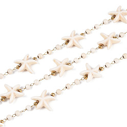 Синтетическая Бирюза Ручная работа 316 цепочки из нержавеющей стали в форме морской звезды, с синтетической бирюзой и бусинами из нержавеющей стали, пайки, с катушкой, реальный 18 k позолоченный, ионное покрытие (ip), 11.5~13x12~13x4.5 мм, около 16.40 футов (5 м) / рулон