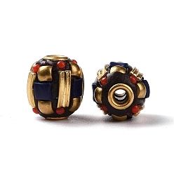 Azul Medio Abalorios de indonesia hecho a mano, con reflejos de bronce y resina, oro antiguo, barril, azul medio, 11x9.5 mm, agujero: 1.8 mm