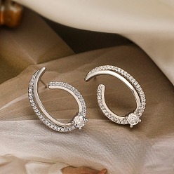 Платина Женские серьги-гвоздики из латуни с микропаве и прозрачным кубическим цирконием, самородки, платина, 24x16 мм