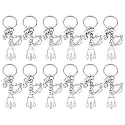 Antique Silver & Stainless Steel Color 12Pcs Alloy & 304 Stainless Steel Robot & Rocket & Planet Keychains, with Iron Split Key Rings, Antique Silver & Stainless Steel Color, 85mm