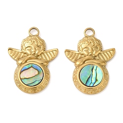 Настоящее золото 18K 304 подвески из натуральной ракушки пауа из нержавеющей стали, ангельские прелести, ионное покрытие (ip), реальный 18 k позолоченный, 25.5x18.5x3 мм, отверстие : 2.5 мм