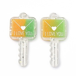 Green Two Tone Resin Big Pendants, Valentine's Day Theme, Glitter Powder, Envelope Key with Word I LOVE YOU, Green, 57.5x28x6mm, Hole: 2.3mm