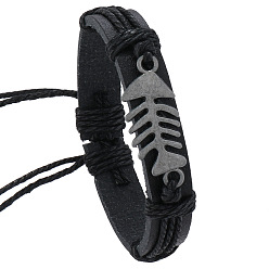 Черный Регулируемые браслеты из искусственной кожи, сплав браслеты из рыбьей кости для мужчин, чёрные, внутренний диаметр: 2-1/8~2-3/4 дюйм (5.5~7 см)