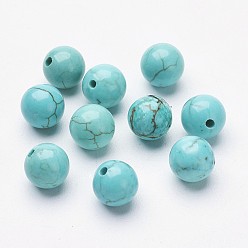 Turquoise Natural Magnesite Beads, Dyed & Heated, Half Drilled, Round, Turquoise, 6~6.5mm, Hole: 1mm