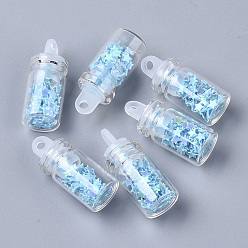 Light Sky Blue Glass Wishing Bottle Pendant Decorations, with Star Glitter Sequins/Paillette inside, with Plastic Plug, Light Sky Blue, 24.5x10mm, Hole: 2mm