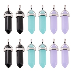 Mixed Color 3Pcs 3 Colors Imitation Jade Glass Pointed Pendants, with Brass Findings, Bullet, Mixed Color, 39x12mm, Hole: 3x4mm, 1pcs/color