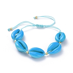 Deep Sky Blue Adjustable Braided Bead Bracelets, with Spray Paint Cowrie Shell Beads, Golden Plated Brass Beads and Nylon Thread, Deep Sky Blue, 3.5~9.6cm