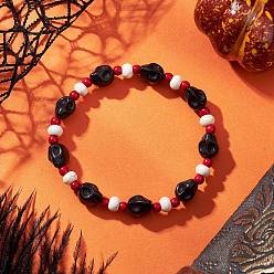 Черный Браслеты из синтетической бирюзы и стеклянных бусин, эластичные браслеты для мужчин и женщин, череп, чёрные, внутренний диаметр: 2~2-1/8 дюйм (5~5.4 см)