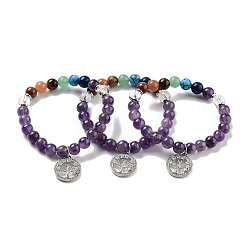 Аметист Эластичные браслеты из чакры с круглыми бусинами из натурального аметиста, Женские браслеты с подвесками в форме дерева из латуни с микропаве и кубическим цирконием, внутренний диаметр: 2-1/4 дюйм (5.6 см)