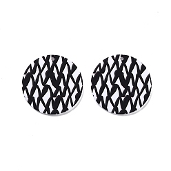 Black Stripe Style Printed Opaque Acrylic Pendants, Flat Round, Black, 34.5x2.5mm, Hole: 1.8mm