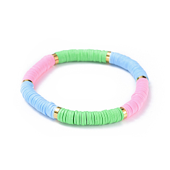 Colorful Stretch Bracelets, with Handmade Polymer Clay Heishi Beads and Brass Spacer Beads, Colorful, 2-1/8 inch(5.3cm)