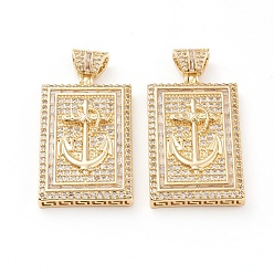 Real 18K Gold Plated Brass Micro Pave Clear Cubic Zirconia Pendants, Long-Lasting Plated, Rectangle with Anchor, Real 18K Gold Plated, 47x24x6mm, Hole: 3.5x4.5mm