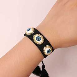Черный Богемные браслеты из латуни и смолы, регулируемые браслеты из плетеного шнура из полиэстера для женщин, сглаз и кисточка, реальный 18 k позолоченный, чёрные, 5.91~9.84 дюйм (15~25 см)
