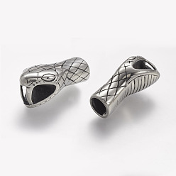 Antique Silver 304 Stainless Steel Cord Ends, For Leather Cord Bracelets Making, Snake, Antique Silver, 31.5x15x13mm, Mouth Hole: 6x10mm, Inner Diameter: 8mm