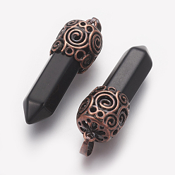 (946F)Морозный цвет внутри  Жонкиль / Непрозрачная зеленая подкладка Натуральный черный агат отметил кулоны, с латунной фурнитурой , пуля, Красная медь, 42~46x15~16 мм, отверстие : 5x7 мм