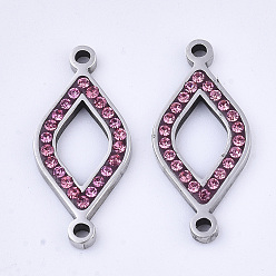 Rose 304 Stainless Steel Links connectors, with Rhinestone, Rhombus, Stainless Steel Color, Rose, 24x11x2mm, Hole: 1.5mm