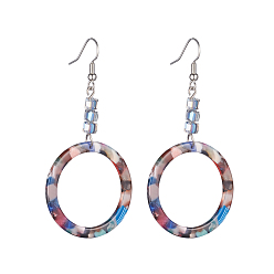 Sky Blue Cellulose Acetate(Resin) Dangle Earrings, with Cube Glass Beads and Platinum Plated Brass Earring Hooks, Ring, Sky Blue, 69~70mm, Pin: 0.6mm