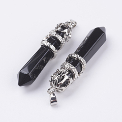 Black Stone Natural Black Stone Big Pointed Pendants, with Alloy Findings, Faceted, Bullet, Platinum, 59~63x11~12mm, Hole: 4x7mm
