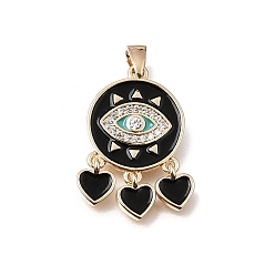 Chapado en Oro Real 18K Latón micro pavimenta claro colgantes de circonio cúbico, con esmalte negro, Dijes planos redondos con borla de ojo turco y corazón., real 18 k chapado en oro, 25x15x2 mm, agujero: 3.5x1.5 mm