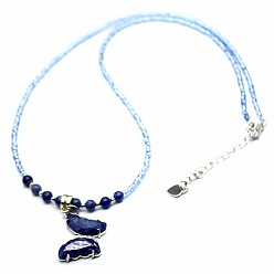 Lapis Lazuli Natural Lapis Lazuli Alloy Butterfly Pendant Glass Seed Beaded Necklaces for Women, Platinum, 22.44 inch(57cm)