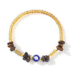Тигровый глаз Браслеты из натурального тигрового глаза, латуни и стеклянных бусин, предназначенные для повседневного ношения, с осколками тигрового глаза, латунными элементами и оберегами от сглаза., 6.89 дюйм (17.5 см)