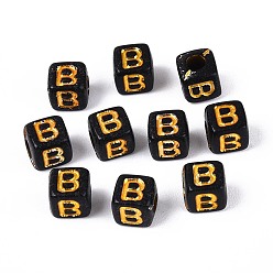 Letter B Непрозрачные акриловые бусины, золотой металл обвитыми, куб с письмом, чёрные, В письме, 4.5~5x4.5~5x4.5~5 мм, отверстие : 2 мм, Около 6250 шт / 500 г