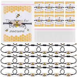 Black 36Pcs Waxed Polyester Cord Bracelets, with Alloy Enamel Charms and Paper Card, Bees, Black, Inner Diameter: 1.97~3.15 inch(5~8cm)