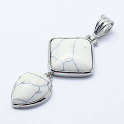 Говлит Синтетический Howlite большие кулоны, с латунной фурнитурой , окрашенные, платина, слеза и ромб, 53x25x7 мм, отверстие : 6x9.5 мм