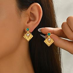 Rhombus 201 Stainless Steel Pave Cubic Zirconia Stud Earrings for Women, with Imitation Pearl, Golden, Rhombus, 27x20mm