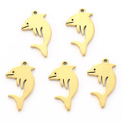 Golden PVD Vacuum Plating 304 Stainless Steel Pendants, Laser Cut, Dolphin, Real 18K Gold Plated, 18x10x1mm, Hole: 1.2mm