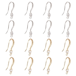 Mixed Color Brass Cubic Zirconia Earring Hooks, Ear Wire, with Horizontal Loop, Clear, Mixed Color, 16x11x1.5mm, Hole: 1mm, 20 Gauge, Pin: 0.8mm, 2 colors, 8pcs/color, 16pcs/box