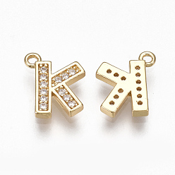 Letter K Brass Cubic Zirconia Charms, Letter, Clear, Real 18K Gold Plated, Letter.K, 10x8.5x1.5mm, Hole: 1mm