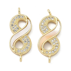 Настоящее золото 16K Подвески-коннекторы Infinity Links из натуральной ракушки, с латунными микропаве прозрачных кубических цирконий, реальный 16 k позолоченный, 22x9x2.5 мм, отверстие : 1.2 мм
