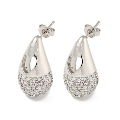 Platinum Brass with Cubic Zirconia Stud Earrings, Teardrop, Platinum, 21.5x12mm