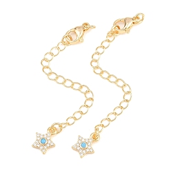 Golden Brass Curb Chain Extender, End Chains with Lobster Claw Clasps and Cubic Zirconia Charms, Star, Golden, 73mm, Hole: 2.4mm