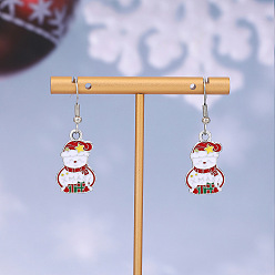 Снеговик Серьги-подвески из сплава с эмалью в рождественской тематике, платина, снеговик, 40x14 мм