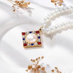 Золотой Вакуумное покрытие pvd 304 ожерелья из нержавеющей стали с разноцветными кубическими цирконами в форме ромба, белые пластиковые бусины из жемчуга для женщин, золотые, 18.43 дюйм (46.8 см)