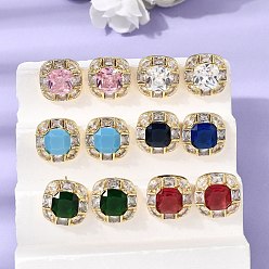 Plaqué 18K Or Véritable Boucles d'oreilles puces en laiton pavé de zirconiums cubiques et verre, carrée, crémaillère plaquage, plaqué longue durée, sans cadmium et sans plomb, réel 18 k plaqué or, 14.5x15mm