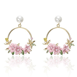 Pink Кольцо с цветочным сплавом, стразами и подвесными серьгами из полимерной глины, золотые, розовые, 52x44 мм