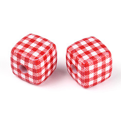 Красный Печатные непрозрачные акриловые бусины, куб с клетчатым узором, красные, 14x14~14.5x14~14.5 мм, отверстие : 3.8 мм