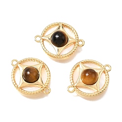 Настоящее золото 18K Подвески-коннекторы из натурального тигрового глаза и натуральной раковины, выполненные из латуни, плоские круглые звенья., реальный 18 k позолоченный, 19x15x5.5~6 мм, отверстие : 1.2 мм