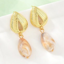 Chapado en Oro Real 18K Pendientes colgantes de latón con botón, con resina, lágrima, sin plomo y el cadmio, chapado en rack, larga duración plateado, real 18 k chapado en oro, 48x18 mm