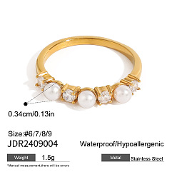 Золотой 304 Кольца из нержавеющей стали с микропаве из прозрачных кубических цирконий и пластиковым жемчугом, золотые, размер США 7 (17.3 мм)