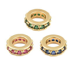 Mixed Color Brass Micro Pave Cubic Zirconia European Beads, Large Hole Beads, Flat Round, Cadmium Free & Lead Free, Rack Plating, Long-Lasting Plated, Real 18K Gold Plated, Mixed Color, 10x3mm, Hole: 5.5mm