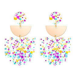 Фиолетовый Серьги-гвоздики из сплава и акрила, полукруглая форма с аркой, золотые, фиолетовые, 60x34 мм